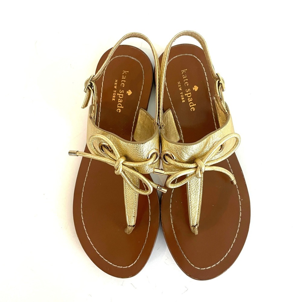 Kate Spade New York Metallic Gold Leather Bow Thong Slingback Sandals 7M T Strap